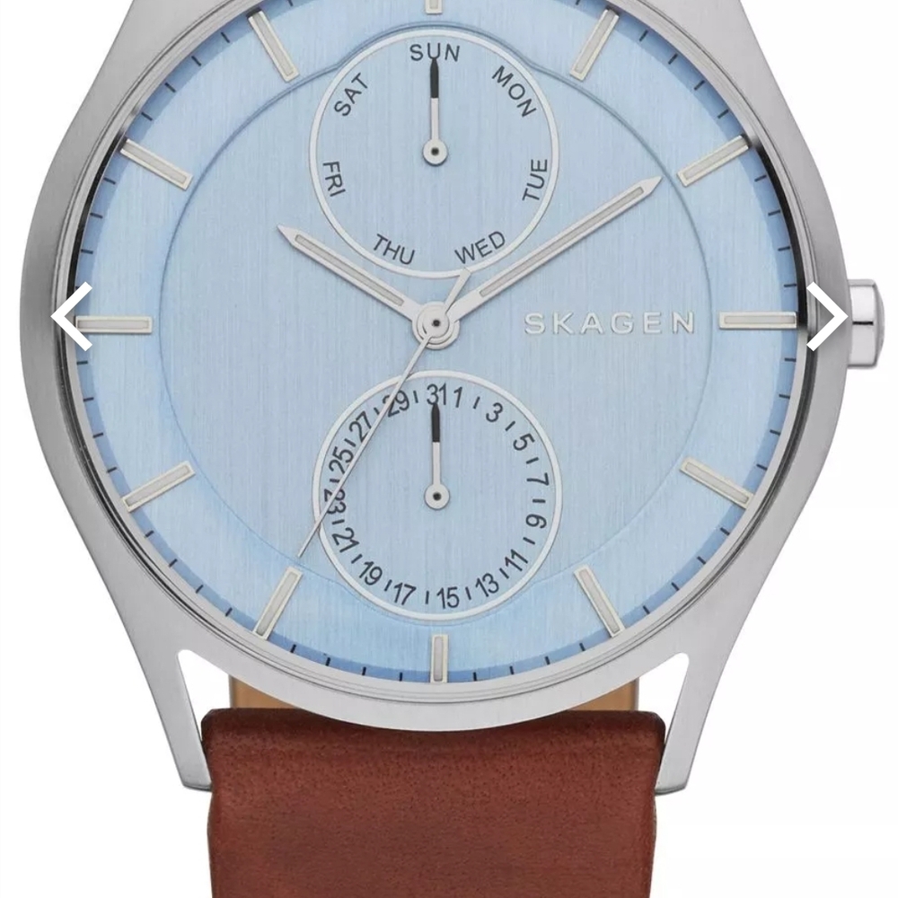 Skagen Silver and Blue Watch with Brown Leather Strap
